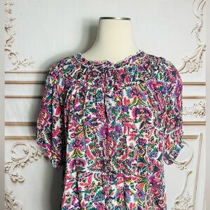 intro. Floral Smocked-Neck Puff Sleeve Blouse - Pink Multi